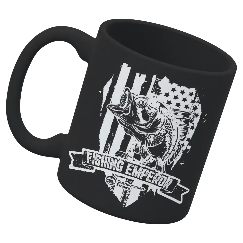 Fishing Emperor v3 11oz Mug featuring UV printed designs, sturdy ceramic construction, and a glazed finish for easy cleaning.