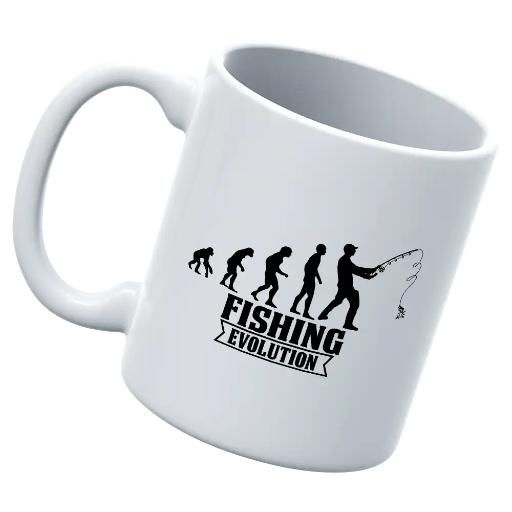 Fishing Evolution 11oz Mug with UV printed design showcasing fishing theme, durable ceramic material, and glazed finish.