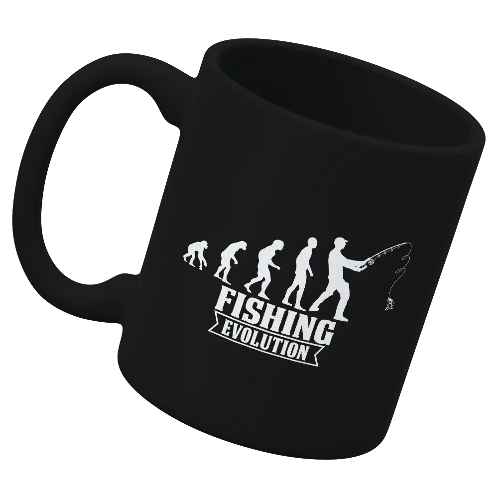 Fishing Evolution 11oz Mug with UV printed design showcasing fishing theme, durable ceramic material, and glazed finish.