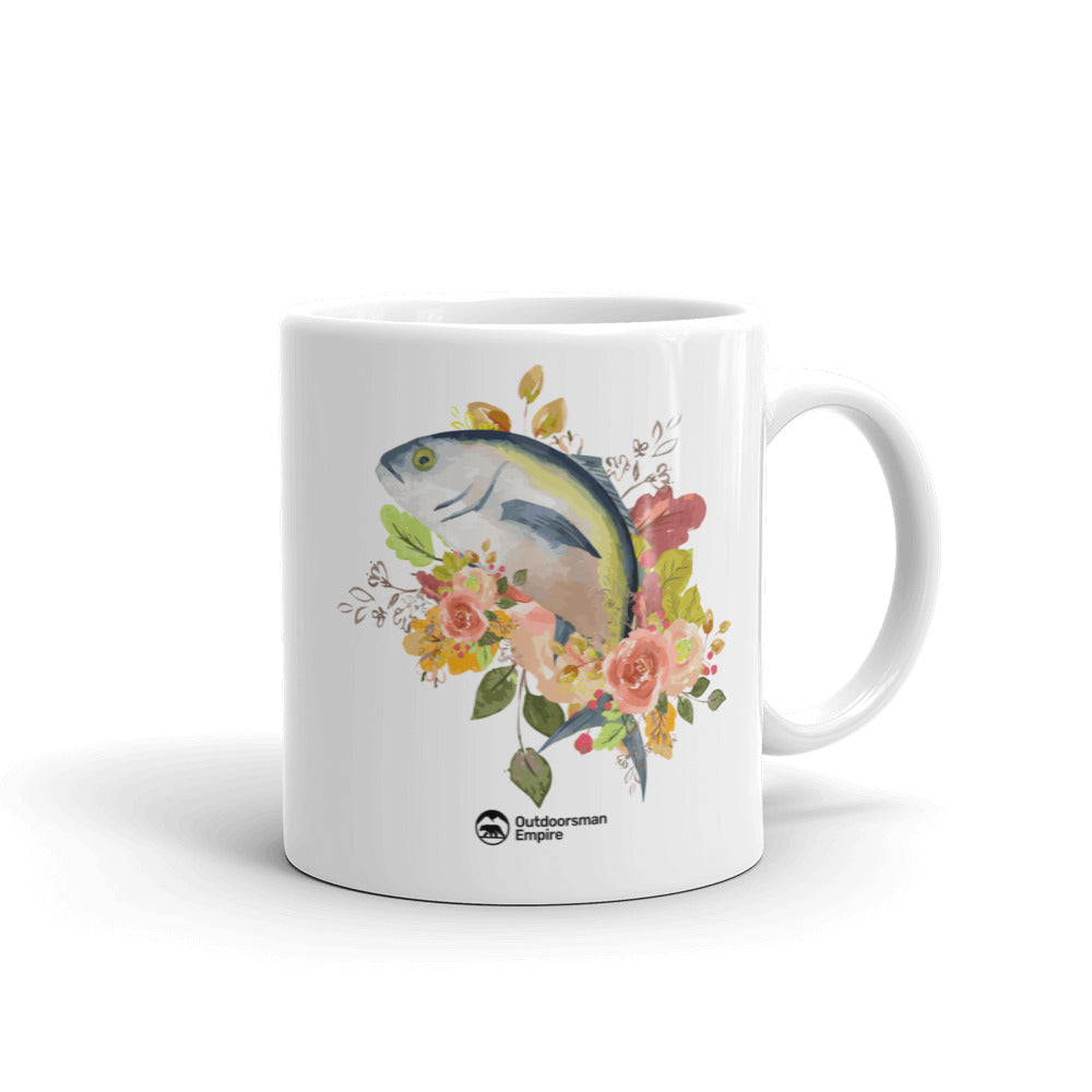 Fishing Flower 11oz Mug featuring vibrant UV printed floral design on a sturdy ceramic body, perfect for hot and cold beverages.