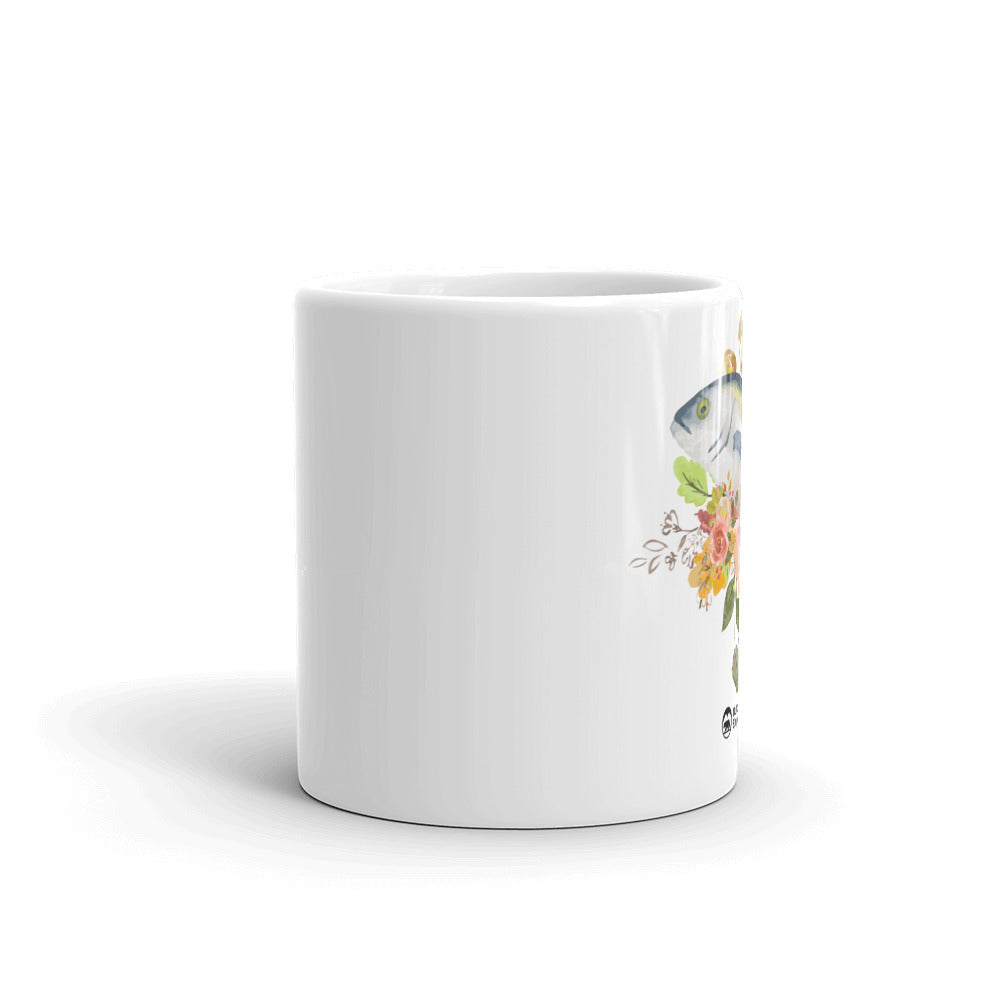 Fishing Flower 11oz Mug featuring vibrant UV printed floral design on a sturdy ceramic body, perfect for hot and cold beverages.