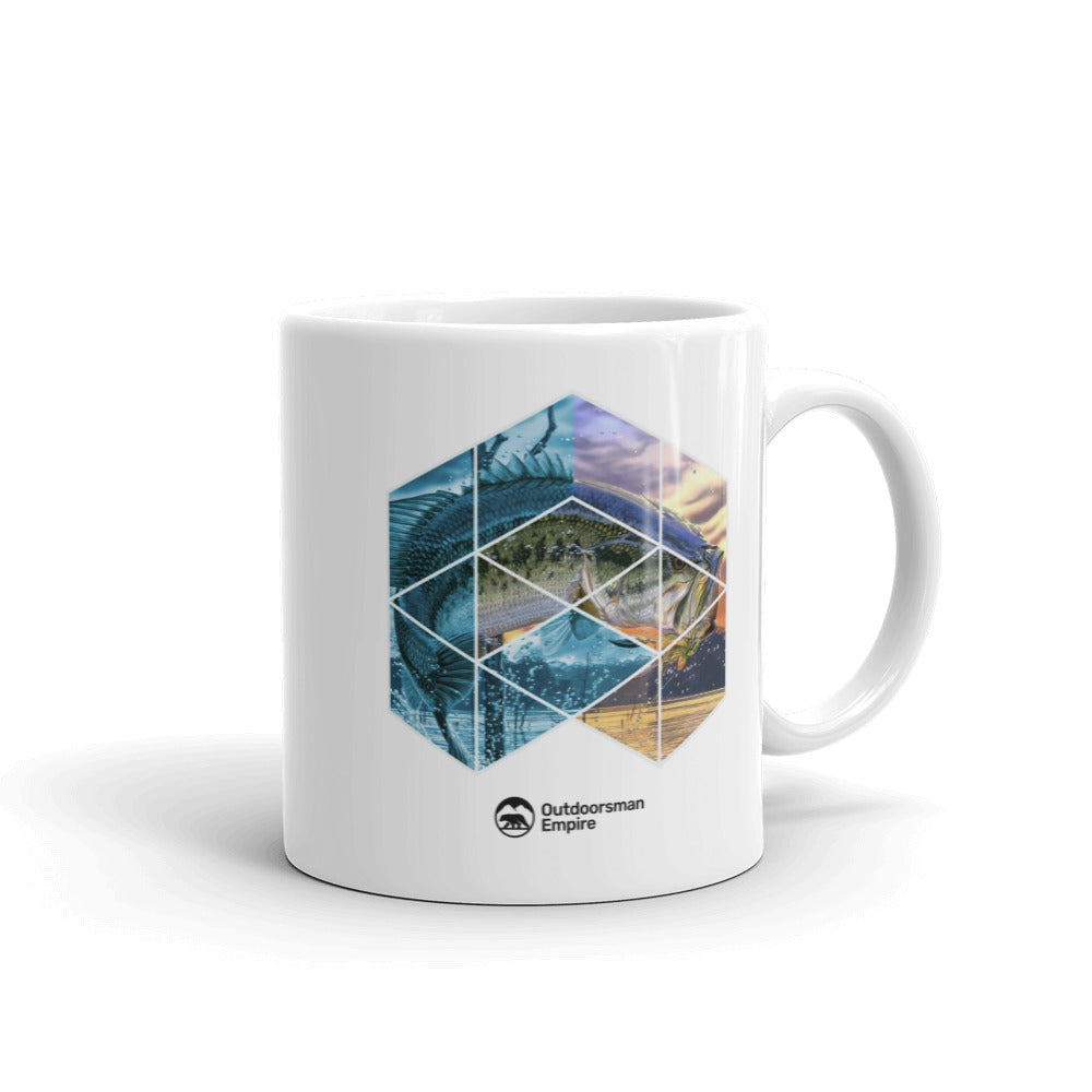 Fishing Geometry 11oz Mug featuring vibrant UV printed fishing designs, sturdy ceramic construction, and a comfortable handle.