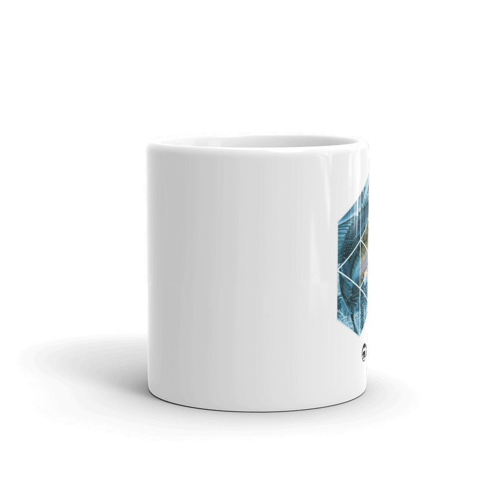 Fishing Geometry 11oz Mug featuring vibrant UV printed fishing designs, sturdy ceramic construction, and a comfortable handle.