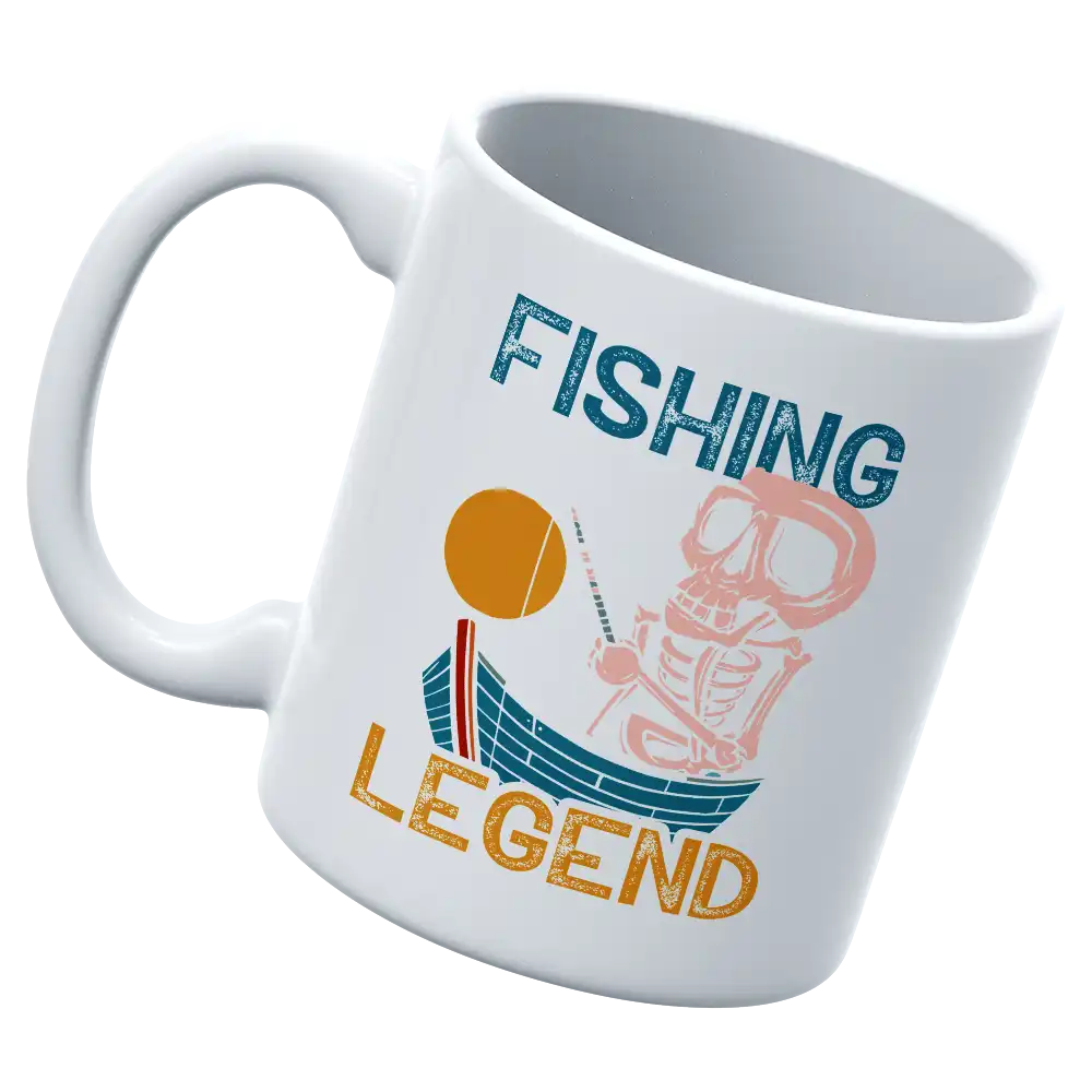 Fishing Legend 11oz Mug with UV printed fishing design, showcasing durability and style.