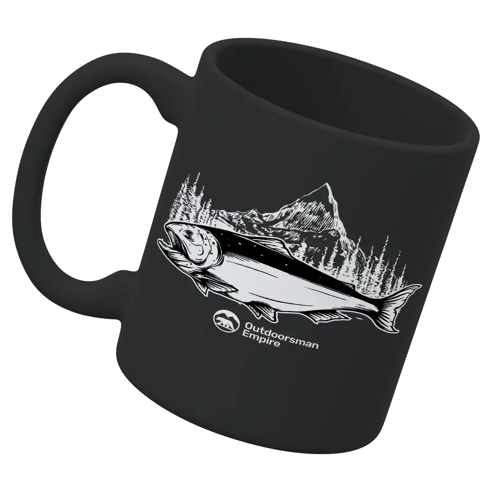 Fishing Mountain 11oz ceramic coffee mug featuring a whimsical fishing mountain design, perfect for coffee lovers.