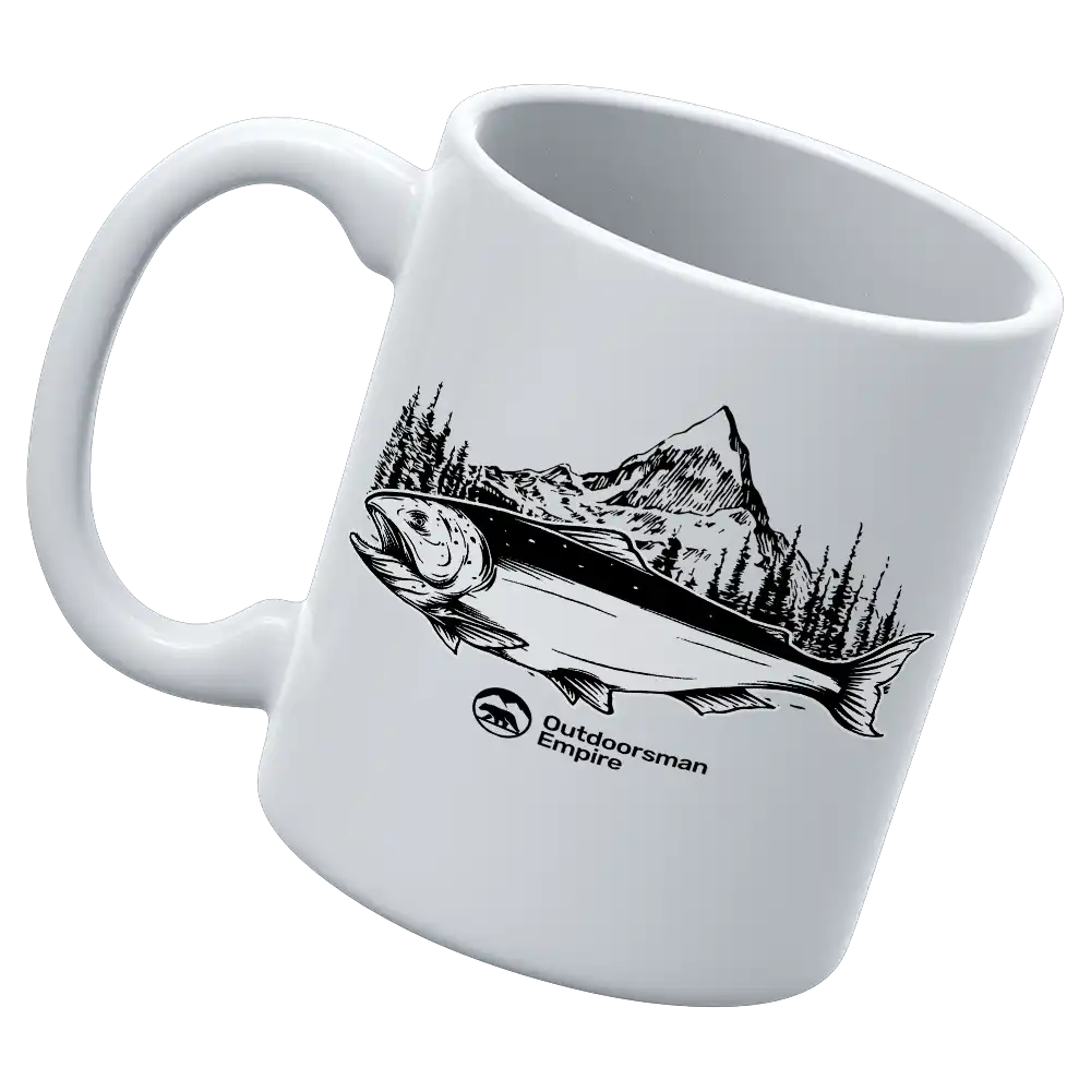 Fishing Mountain 11oz ceramic coffee mug featuring a whimsical fishing mountain design, perfect for coffee lovers.