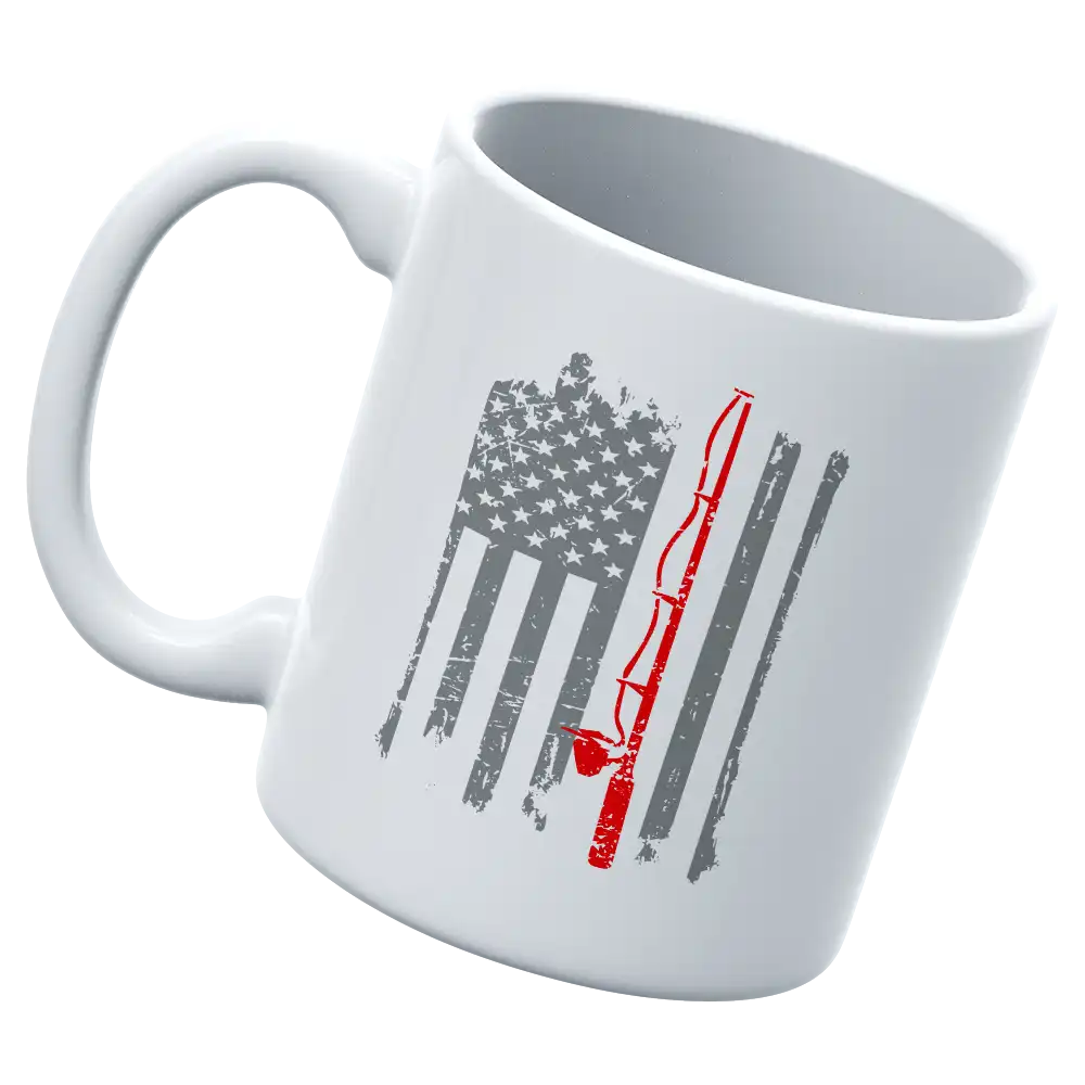 Fishing Rod American Flag 11oz Mug with vibrant design, showcasing a fishing rod and American flag.