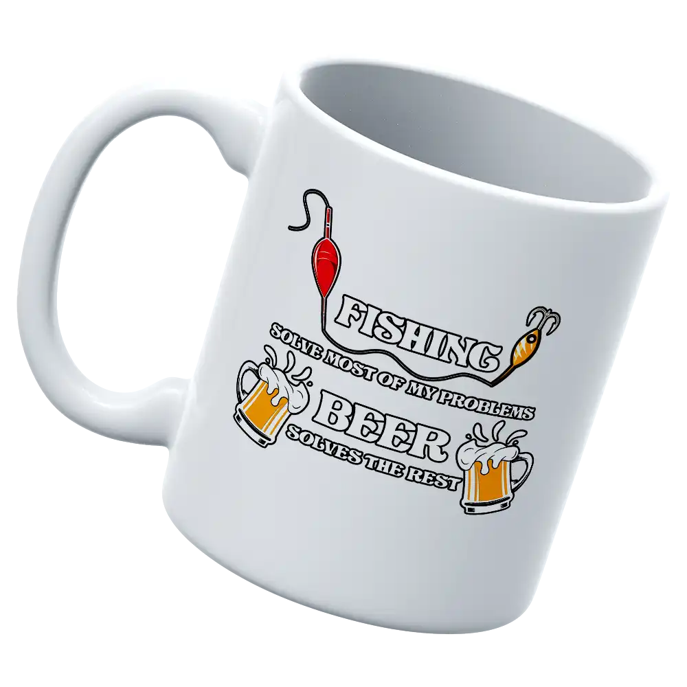 Fishing Solves All My Problems 11oz Mug with vibrant UV printed design, showcasing a fishing theme.