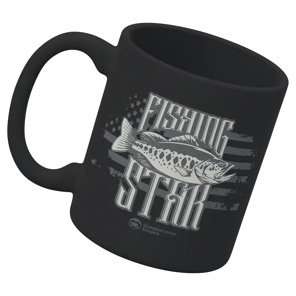 Fishing Star 11oz Mug featuring a vibrant UV printed fishing design, sturdy ceramic construction, and a glazed finish.