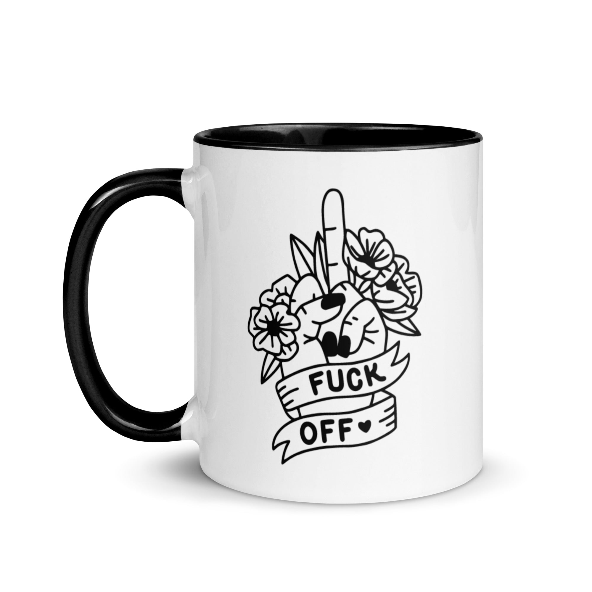 Colorful ceramic Fuck Off Mug with vibrant rim and handle, perfect for coffee or tea.