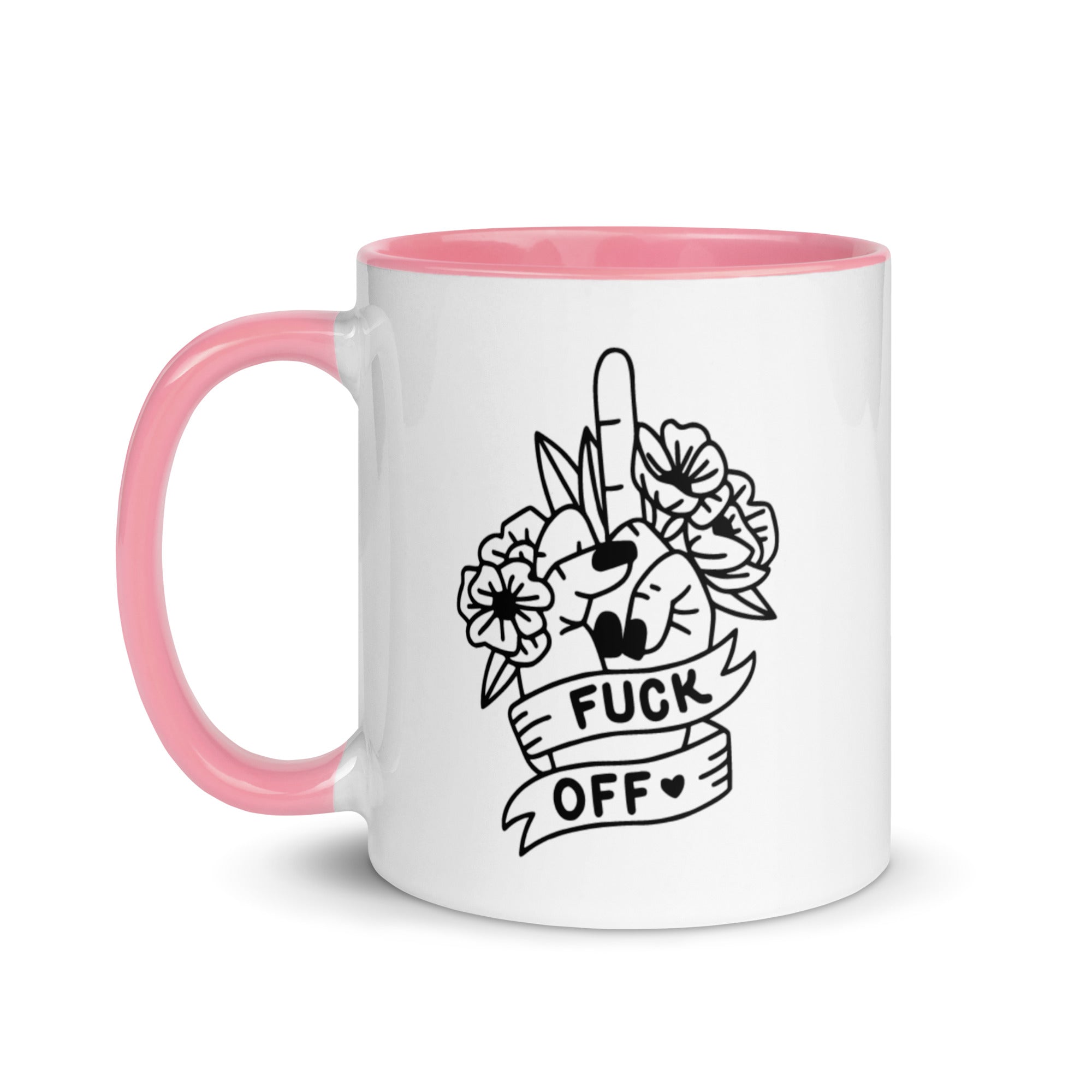 Colorful ceramic Fuck Off Mug with vibrant rim and handle, perfect for coffee or tea.