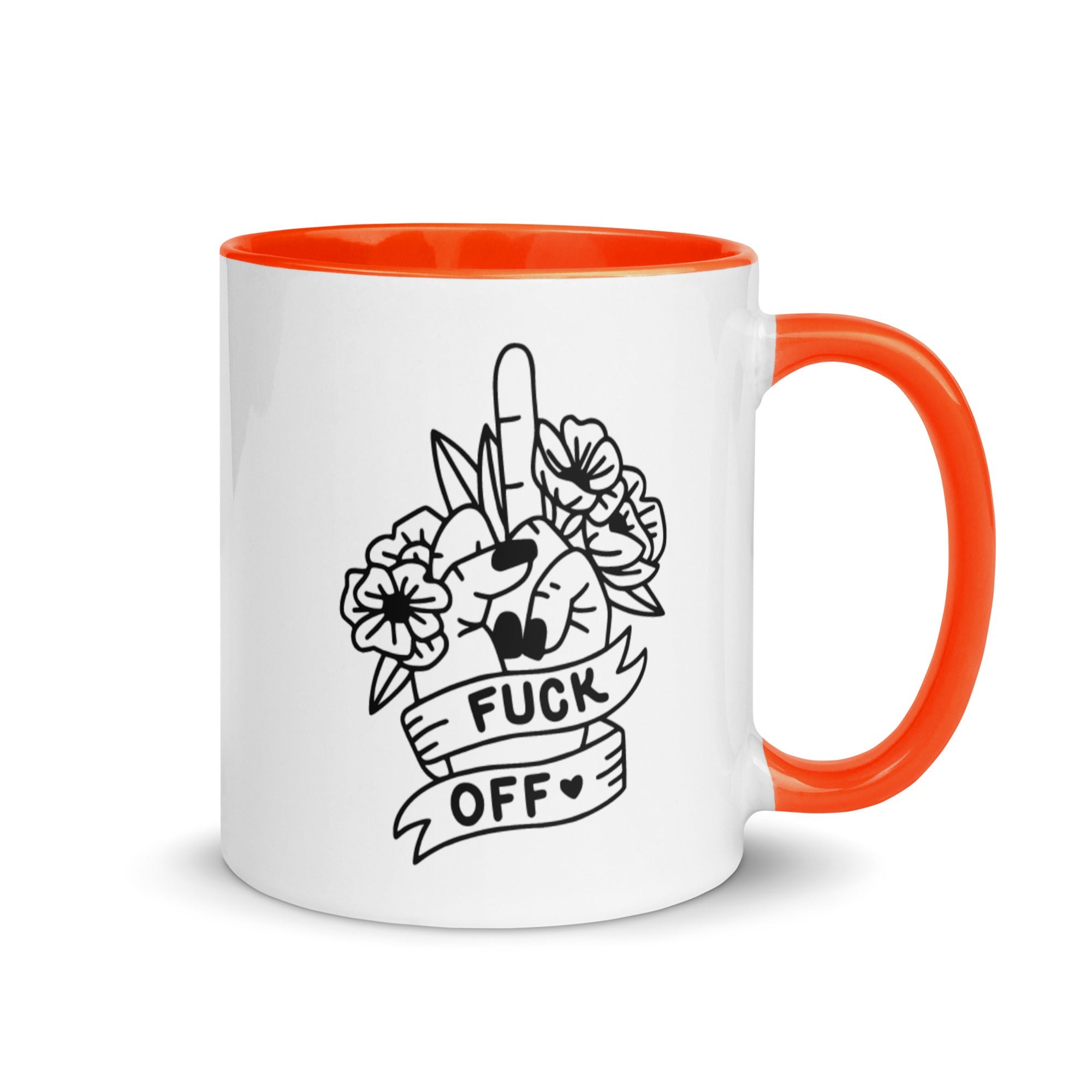 Colorful ceramic Fuck Off Mug with vibrant rim and handle, perfect for coffee or tea.