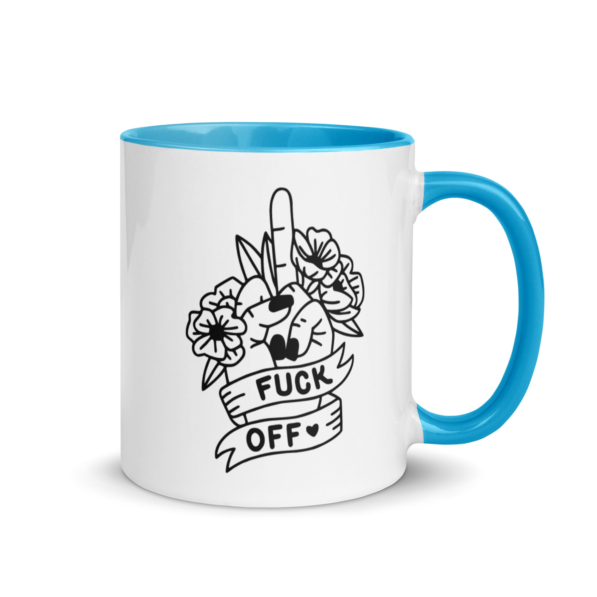 Colorful ceramic Fuck Off Mug with vibrant rim and handle, perfect for coffee or tea.