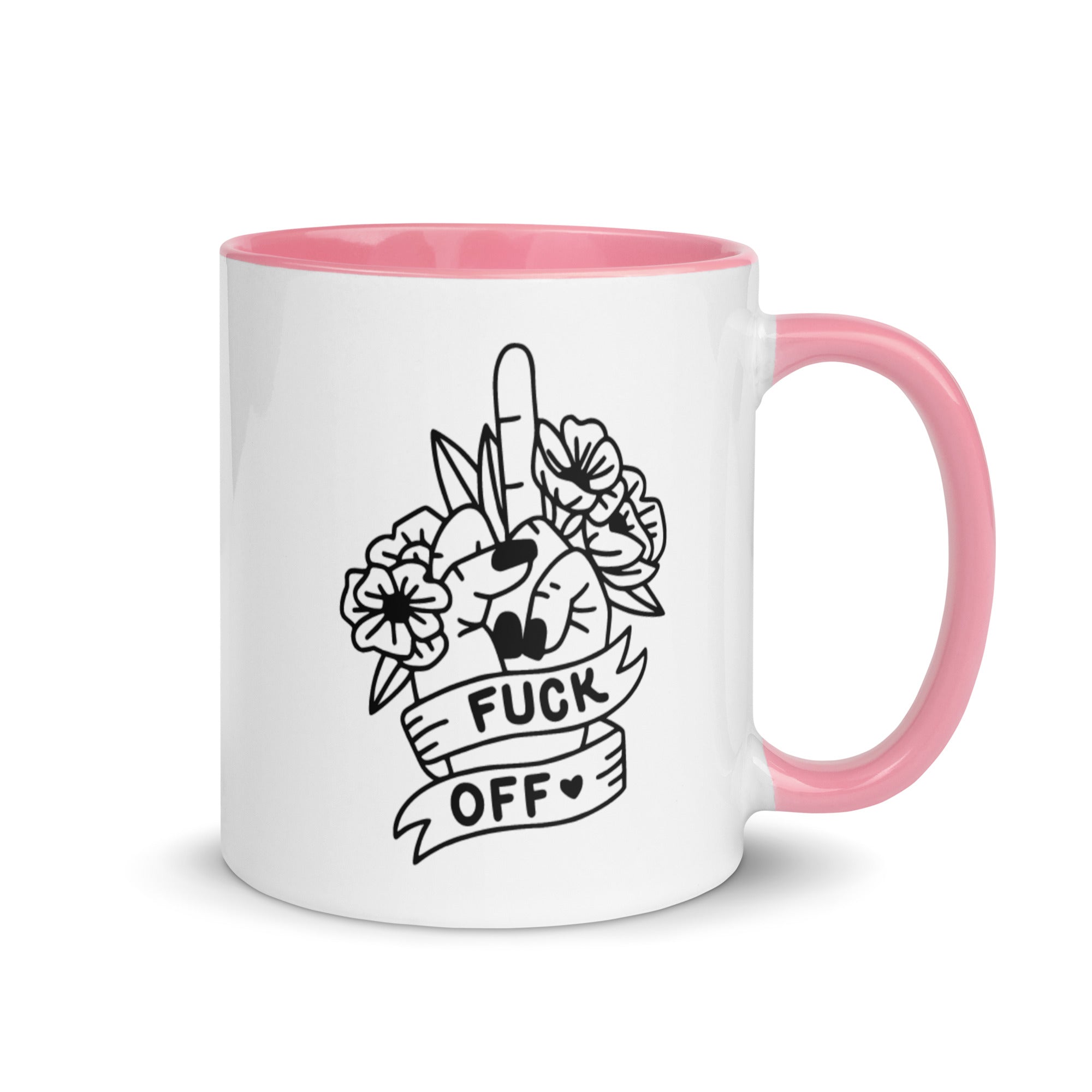 Colorful ceramic Fuck Off Mug with vibrant rim and handle, perfect for coffee or tea.