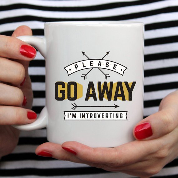 A humorous coffee mug featuring the phrase 'Please Go Away I'm Introverting', made of high-quality ceramic, perfect for introverts.