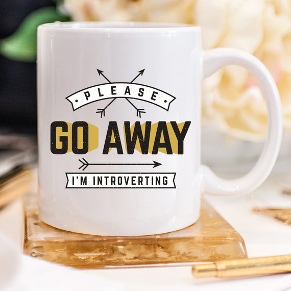 A humorous coffee mug featuring the phrase 'Please Go Away I'm Introverting', made of high-quality ceramic, perfect for introverts.