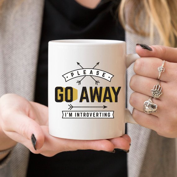 A humorous coffee mug featuring the phrase 'Please Go Away I'm Introverting', made of high-quality ceramic, perfect for introverts.