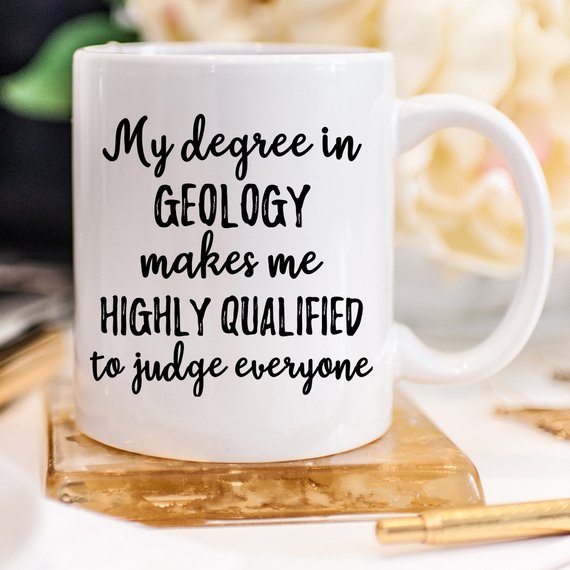 A stylish white Geology Mug featuring a vibrant design, perfect for geologists and geology enthusiasts, showcasing both front and back prints.