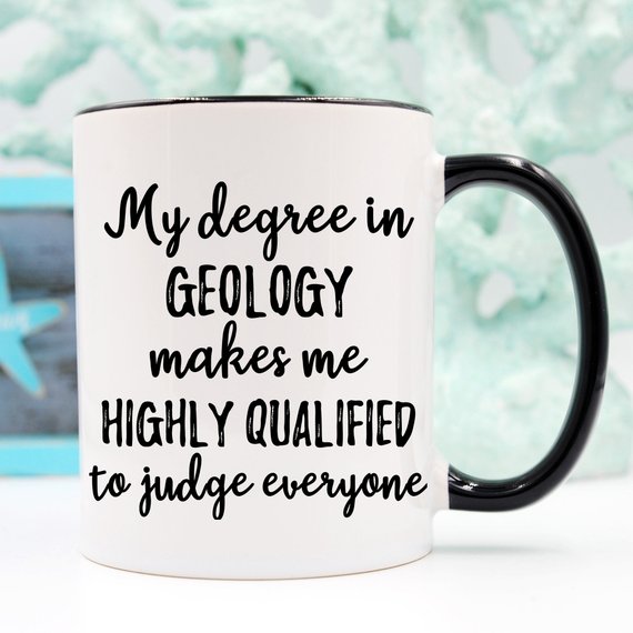 A stylish white Geology Mug featuring a vibrant design, perfect for geologists and geology enthusiasts, showcasing both front and back prints.