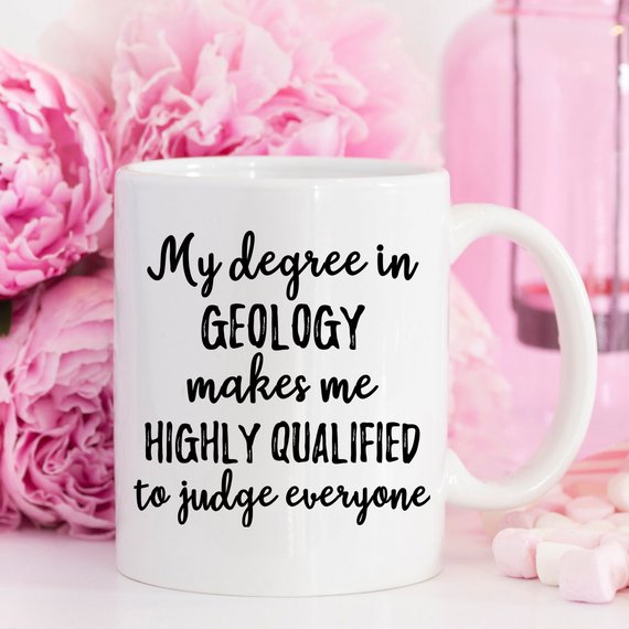 A stylish white Geology Mug featuring a vibrant design, perfect for geologists and geology enthusiasts, showcasing both front and back prints.