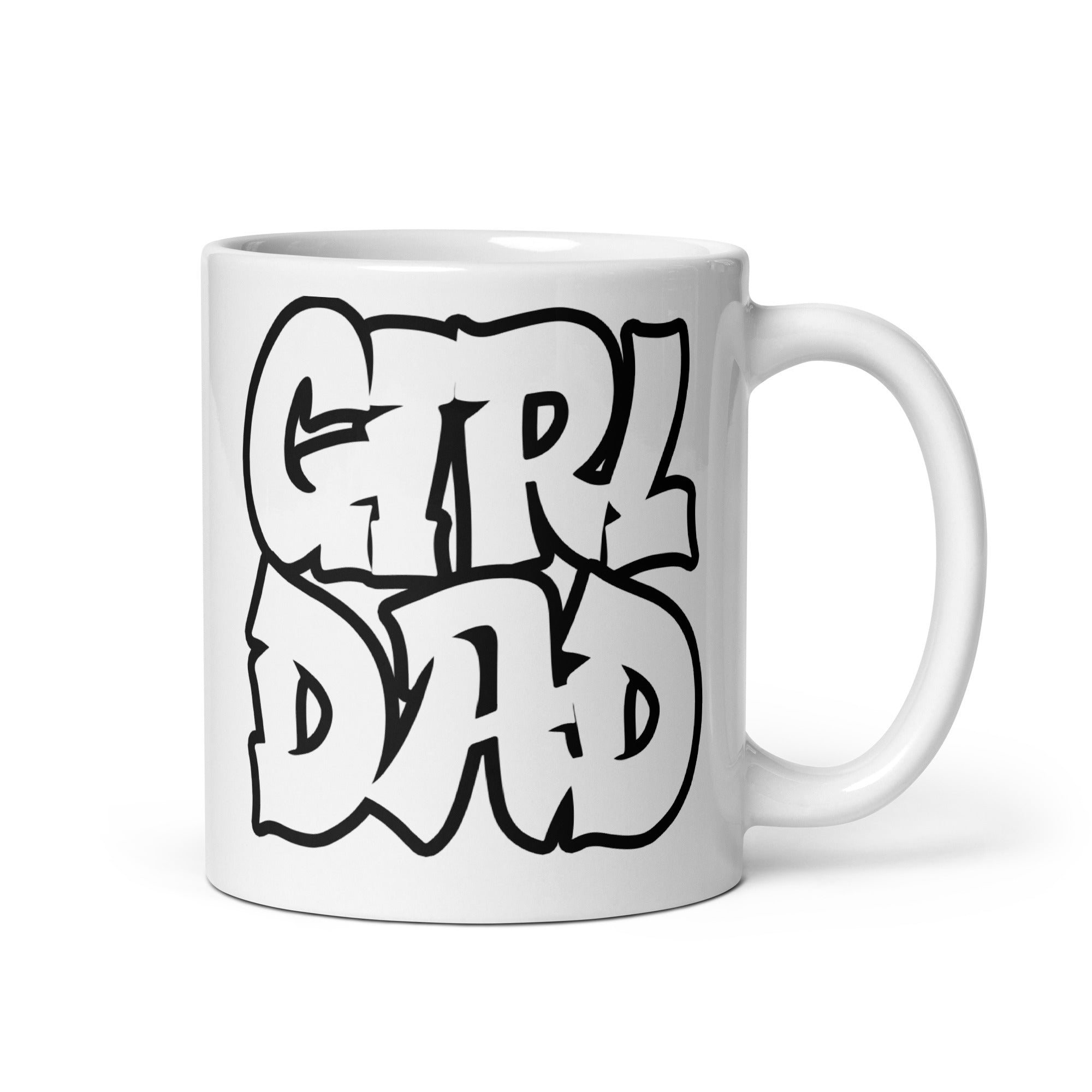 A stylish ceramic mug featuring a vibrant graffiti design celebrating girl dads, available in two sizes.