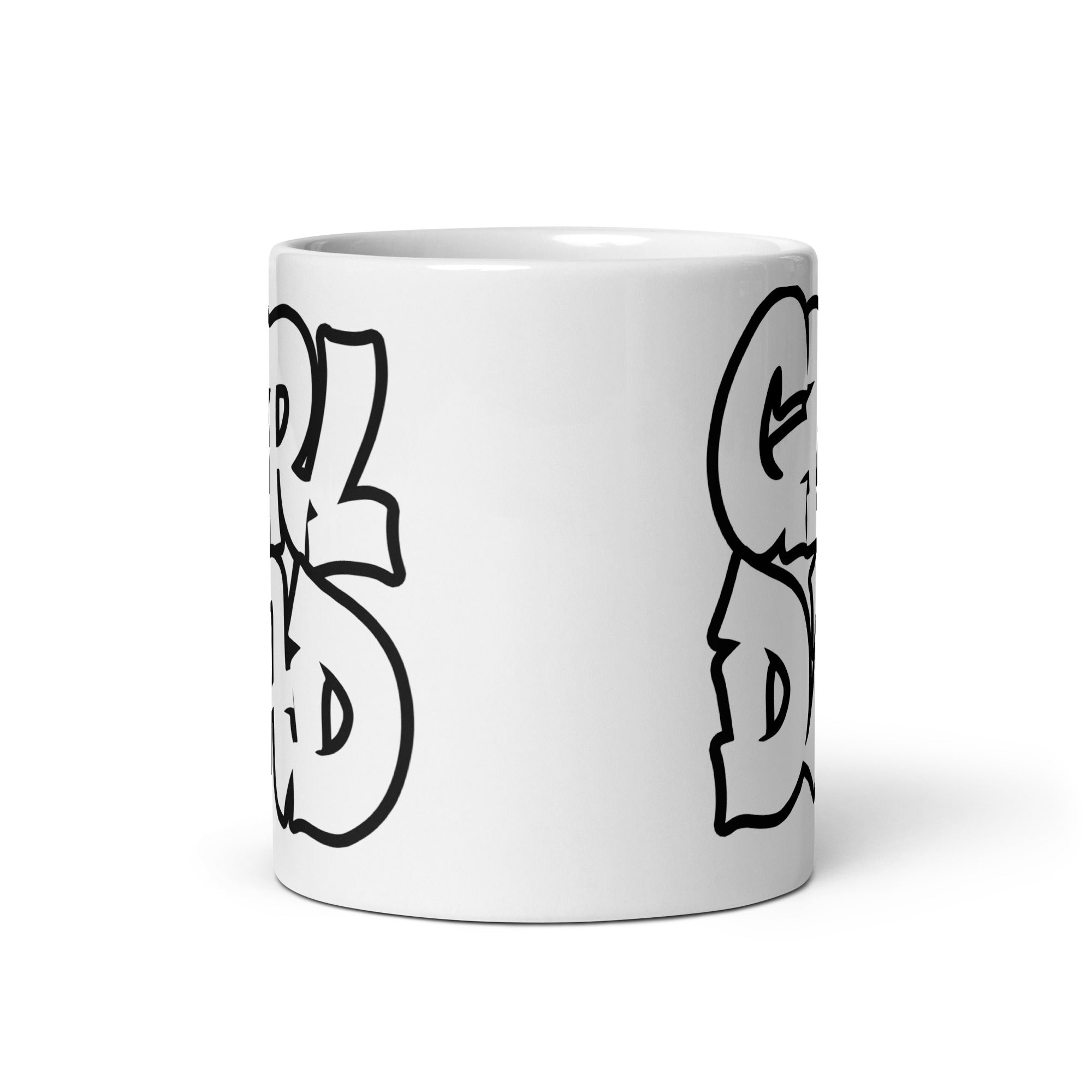 A stylish ceramic mug featuring a vibrant graffiti design celebrating girl dads, available in two sizes.