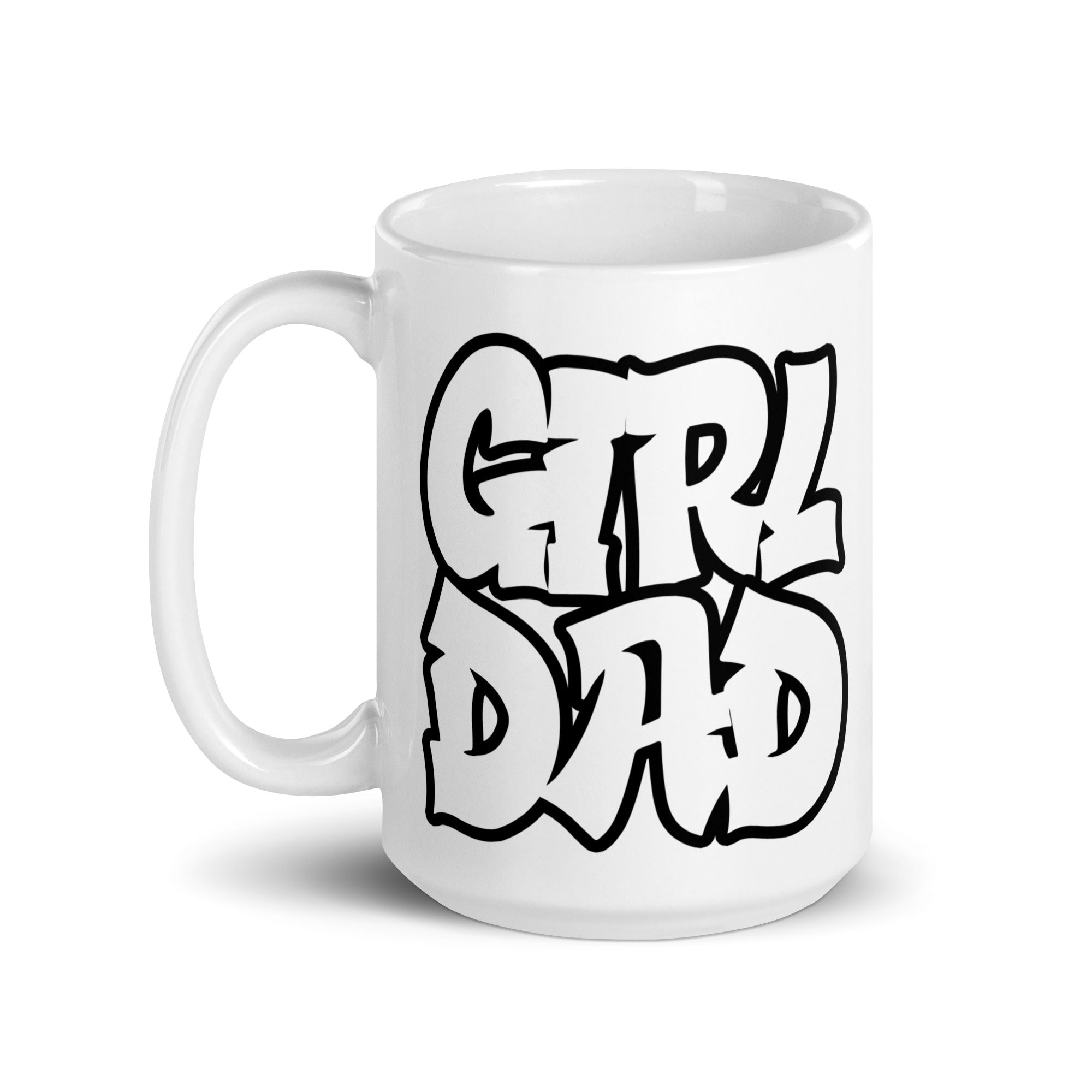 A stylish ceramic mug featuring a vibrant graffiti design celebrating girl dads, available in two sizes.