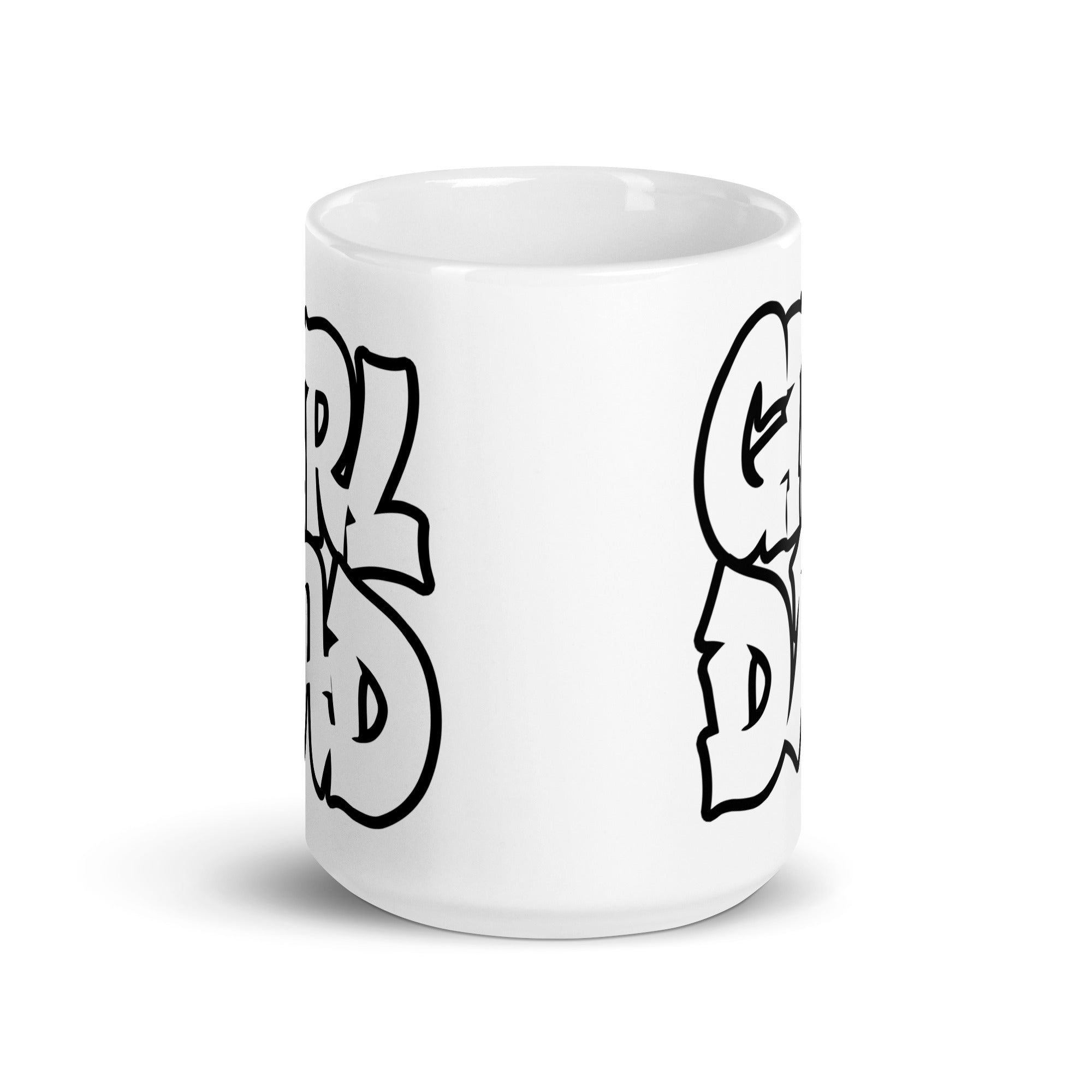 A stylish ceramic mug featuring a vibrant graffiti design celebrating girl dads, available in two sizes.