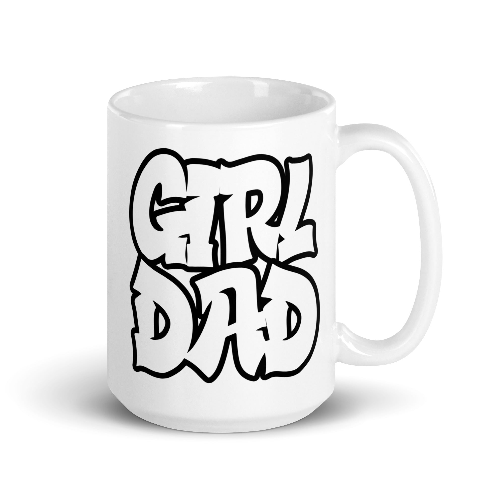 A stylish ceramic mug featuring a vibrant graffiti design celebrating girl dads, available in two sizes.