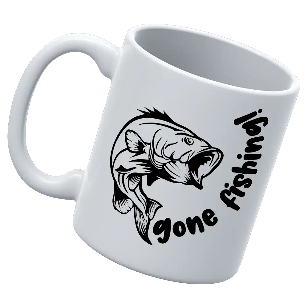 Gone Fishing v1 Coffee Mug featuring a vibrant fishing-themed design, sturdy ceramic construction, and a glazed finish.