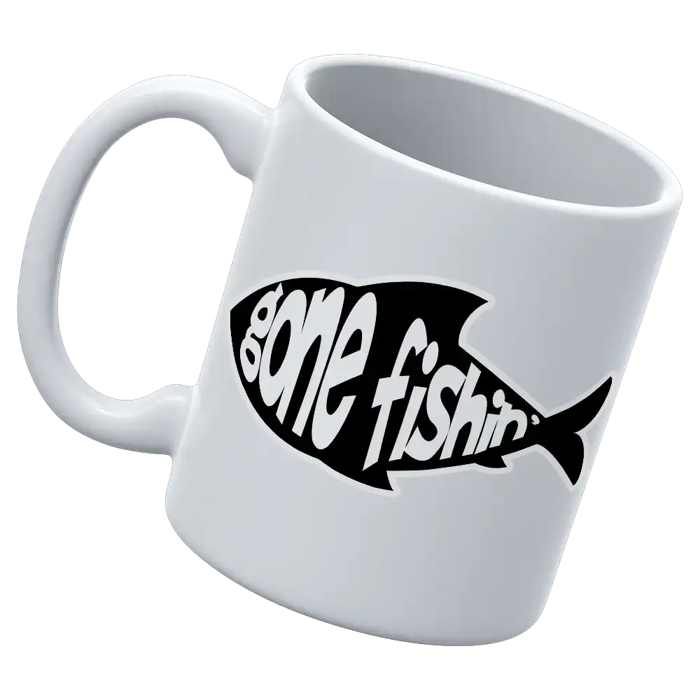 Gone Fishing v3 11oz ceramic coffee mug featuring a playful fishing design, perfect for coffee lovers.