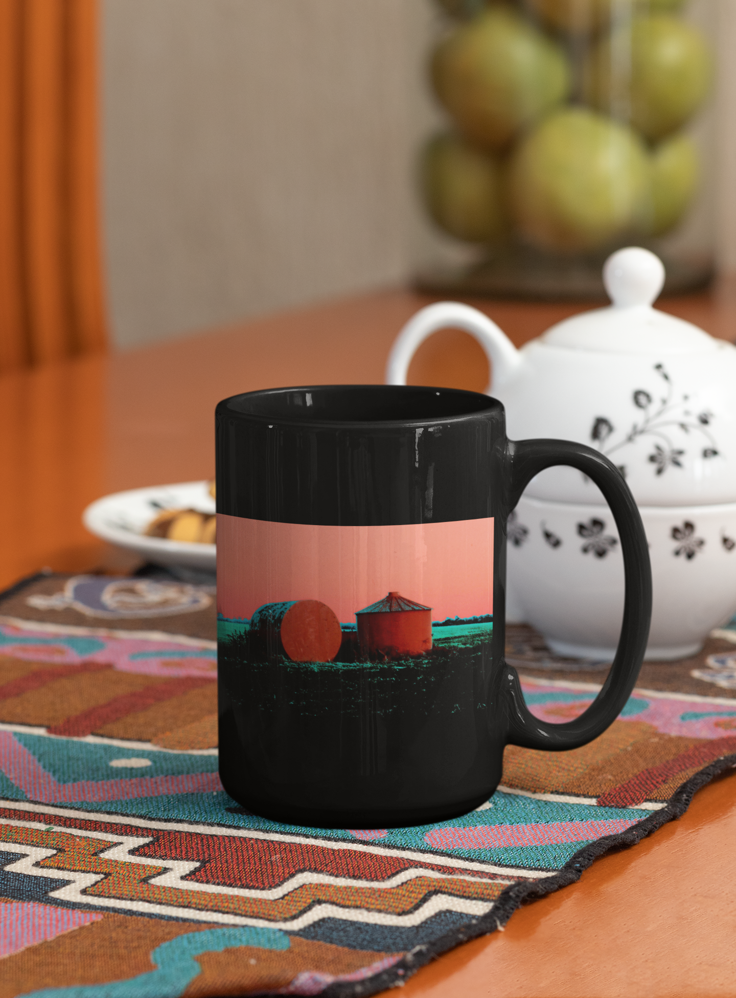 A ceramic coffee mug featuring vibrant pop art of grain silos, available in white and black colors, showcasing a unique design on both sides.