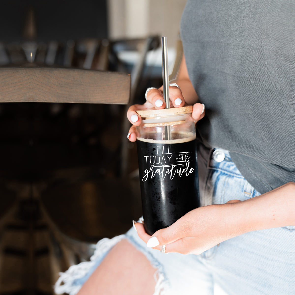 Gratitude Set featuring high borosilicate glass cups with bamboo lids and stainless steel straws, perfect for various beverages.