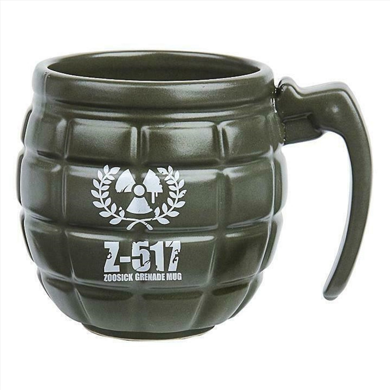 A realistic grenade-shaped mug with a military-themed logo and a firing pin handle, perfect for coffee lovers.