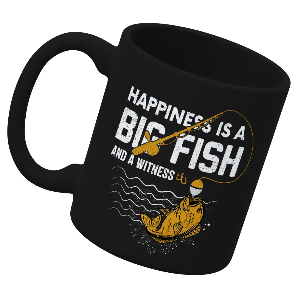 Happiness is a Big Fish 11oz Mug with vibrant UV printed design, showcasing a cheerful fish motif on a white ceramic background.