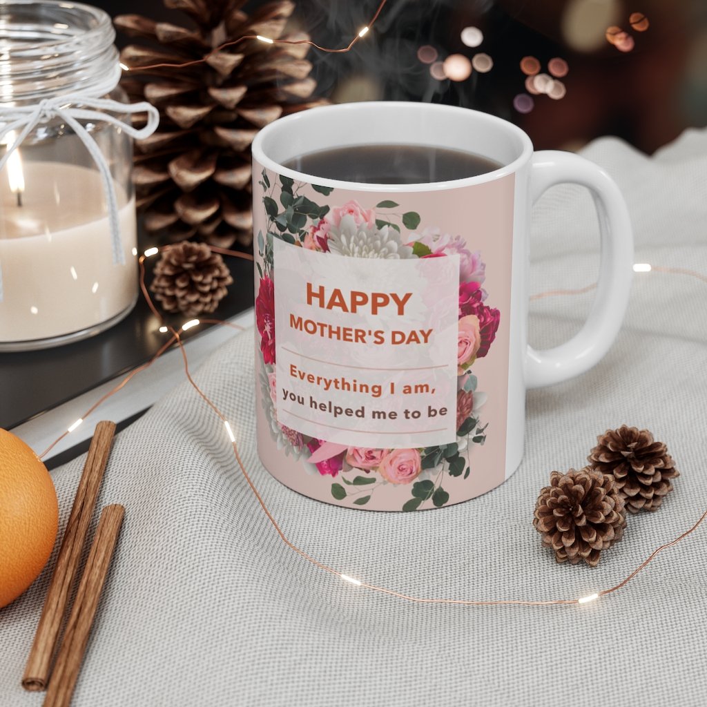 Happy Mother's Day Floral Theme Mug with a heartfelt message and floral design, made of durable white ceramic.