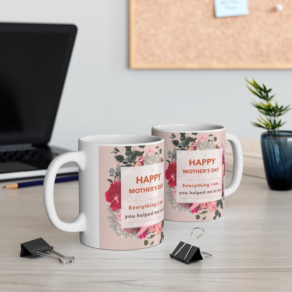 Happy Mother's Day Floral Theme Mug with a heartfelt message and floral design, made of durable white ceramic.