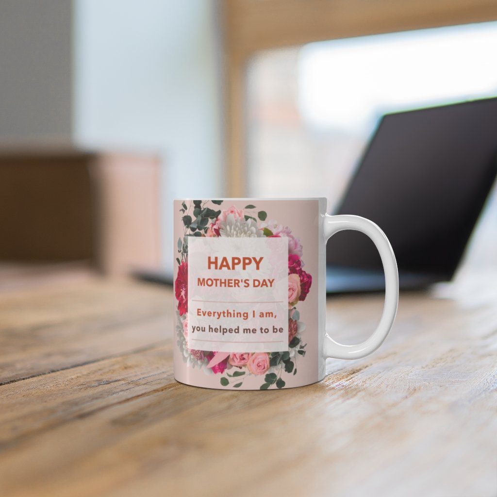 Happy Mother's Day Floral Theme Mug with a heartfelt message and floral design, made of durable white ceramic.