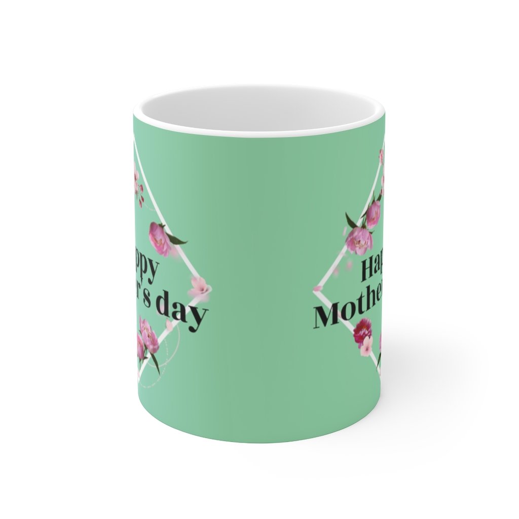 Happy Mother's Day Peony Theme Mug, 11oz white ceramic with elegant peony design, perfect for coffee or tea.