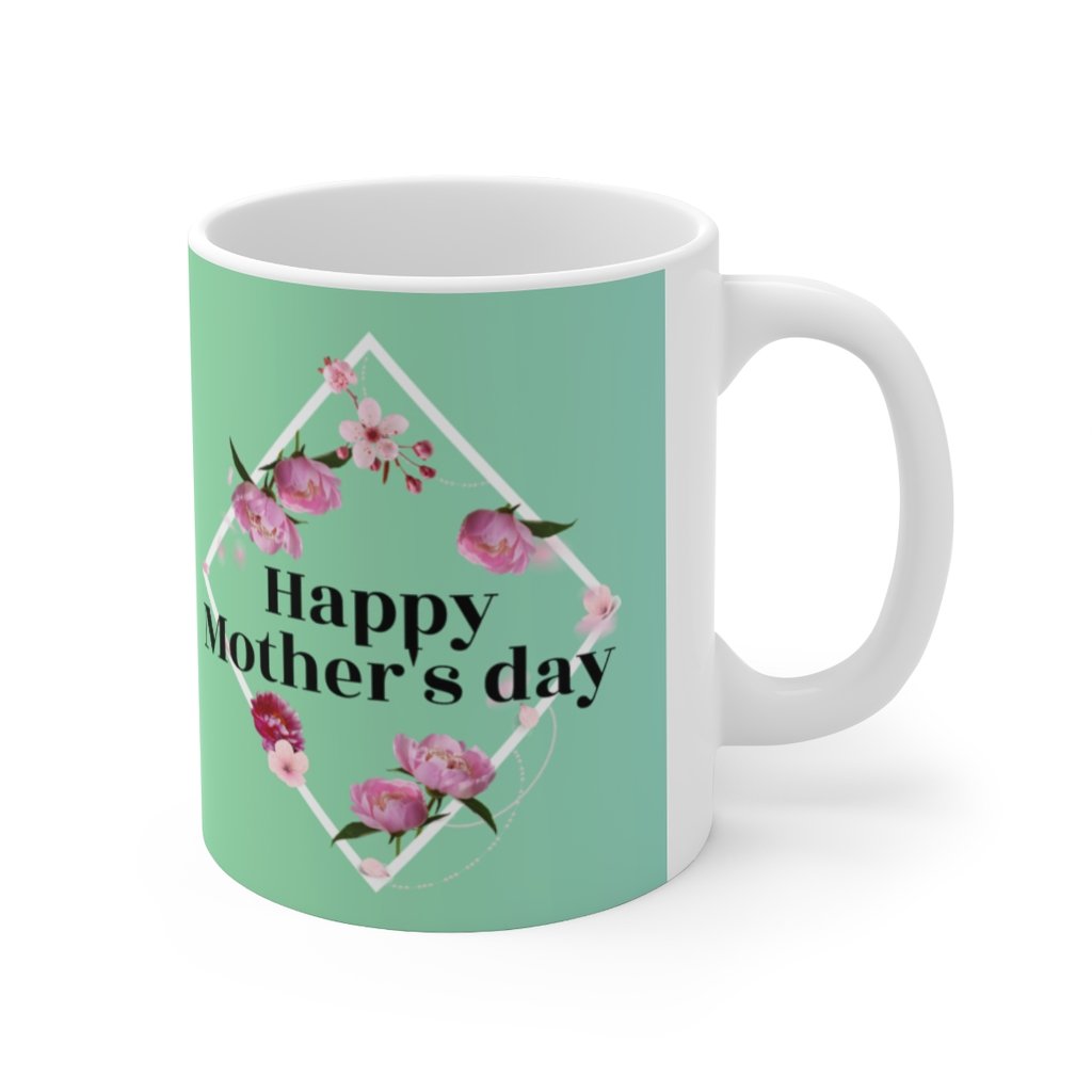 Happy Mother's Day Peony Theme Mug, 11oz white ceramic with elegant peony design, perfect for coffee or tea.