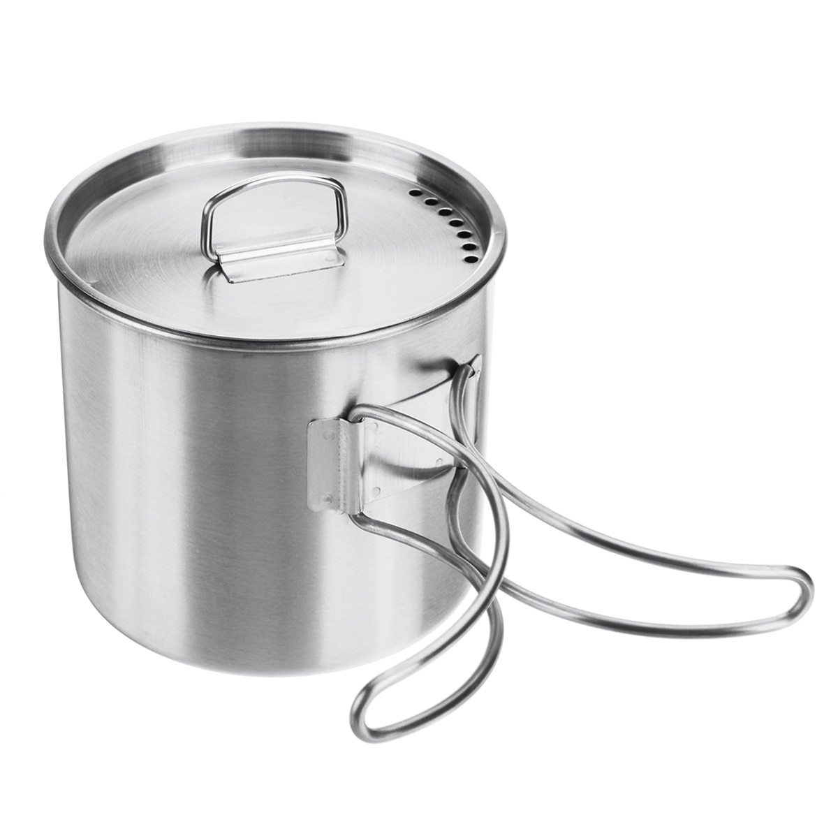 High Quality 500ml Stainless Steel Camping Cup with Lid, featuring a folding handle and vent holes.