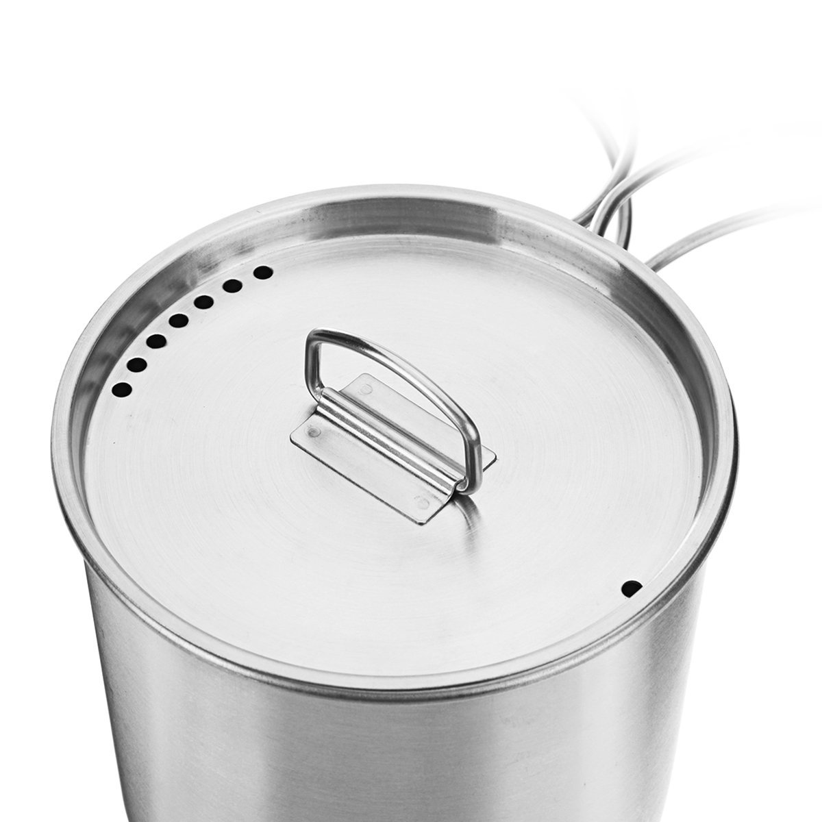 High Quality 500ml Stainless Steel Camping Cup with Lid, featuring a folding handle and vent holes.