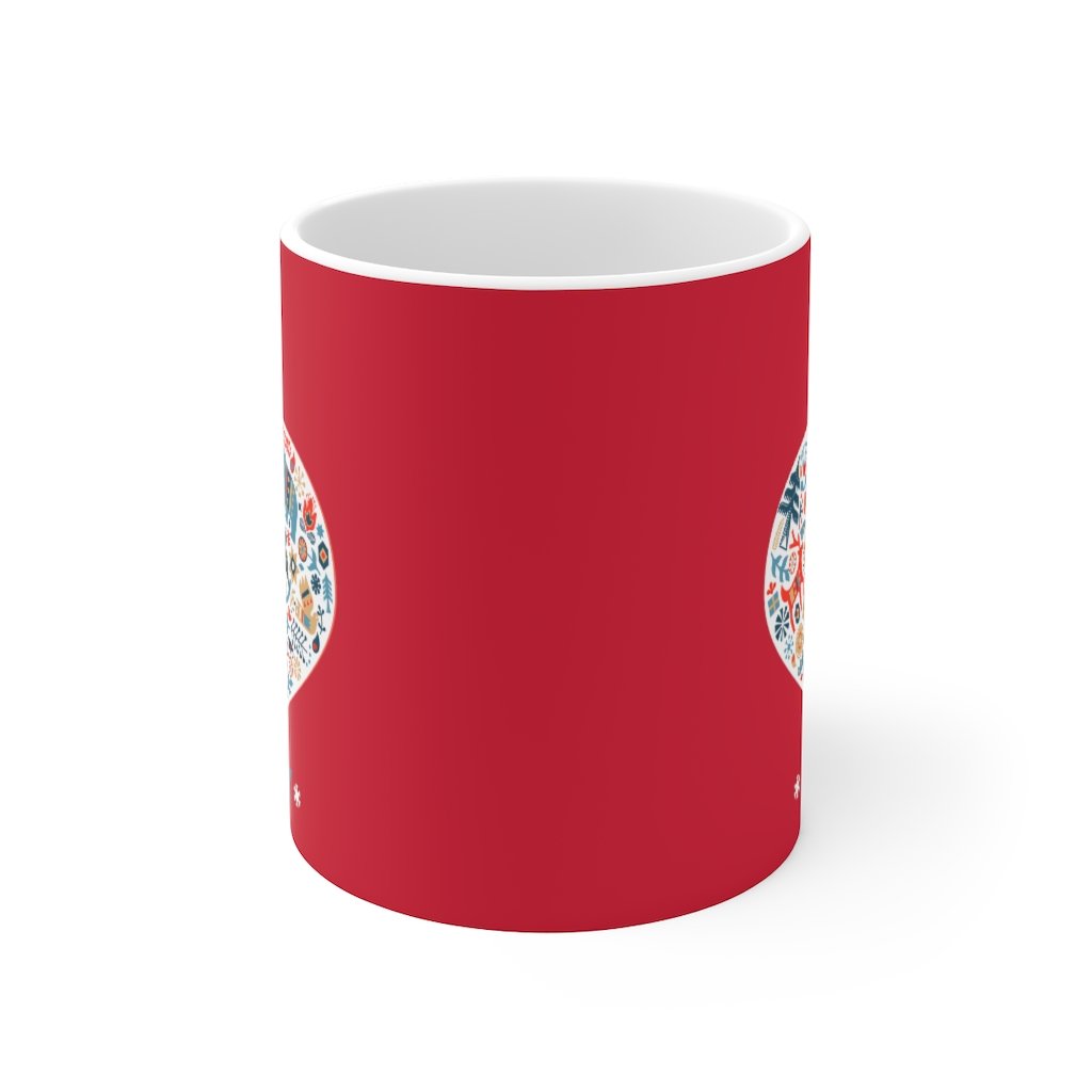 Holiday Ornament with Joy ceramic mug featuring a red backdrop and joyful design, perfect for hot beverages.