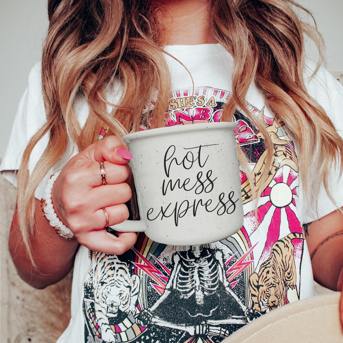 Hot Mess Express 14.5oz ceramic coffee mug with double-sided design featuring humorous lettering, light ivory color with speckles.