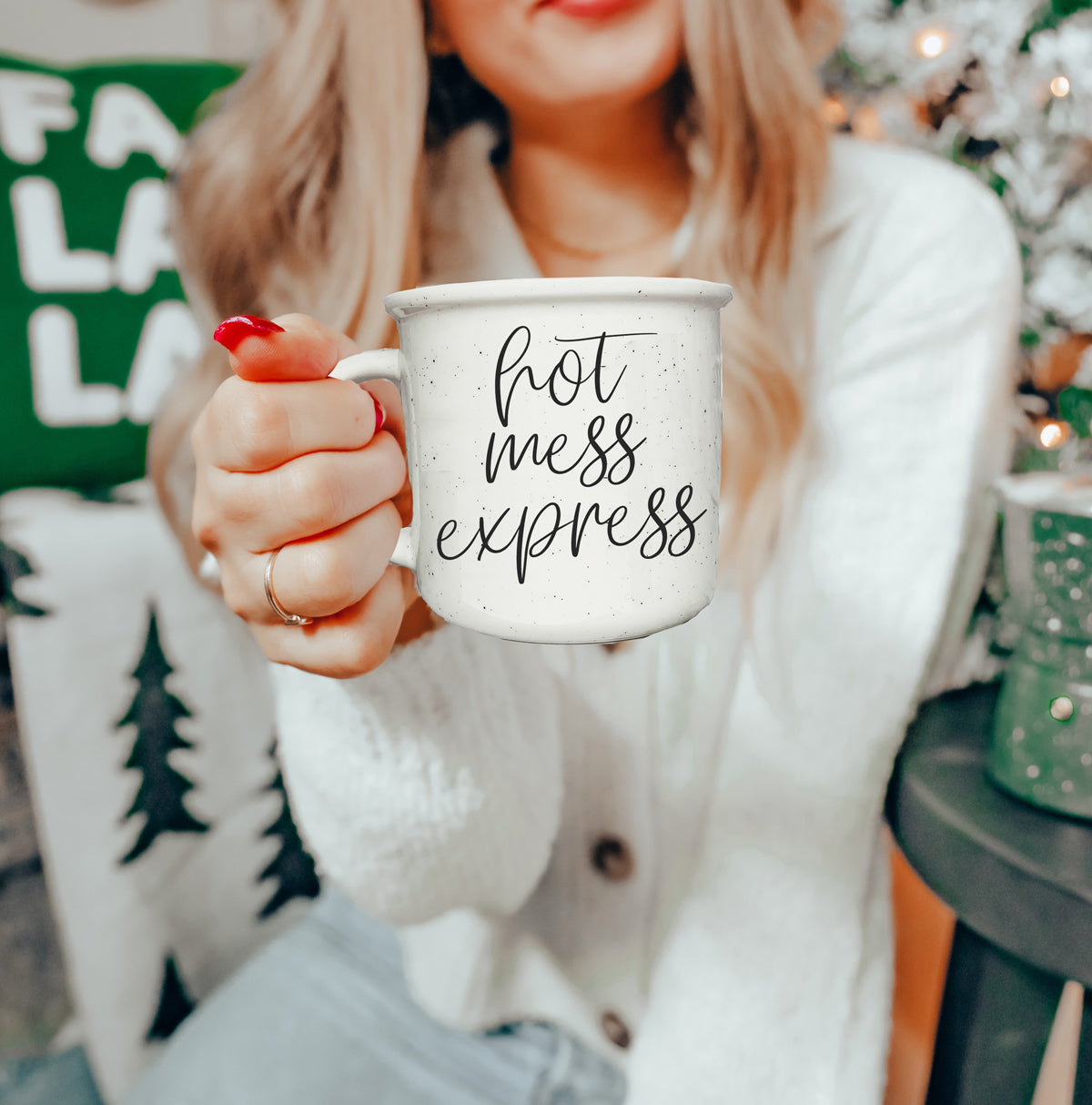 Hot Mess Express 14.5oz ceramic coffee mug with double-sided design featuring humorous lettering, light ivory color with speckles.