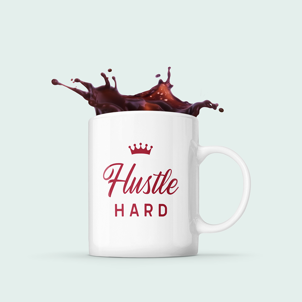 Hustle Hard Mug with Crown design, white ceramic, 11 oz capacity, featuring a stylish crown graphic and comfortable C-handle.