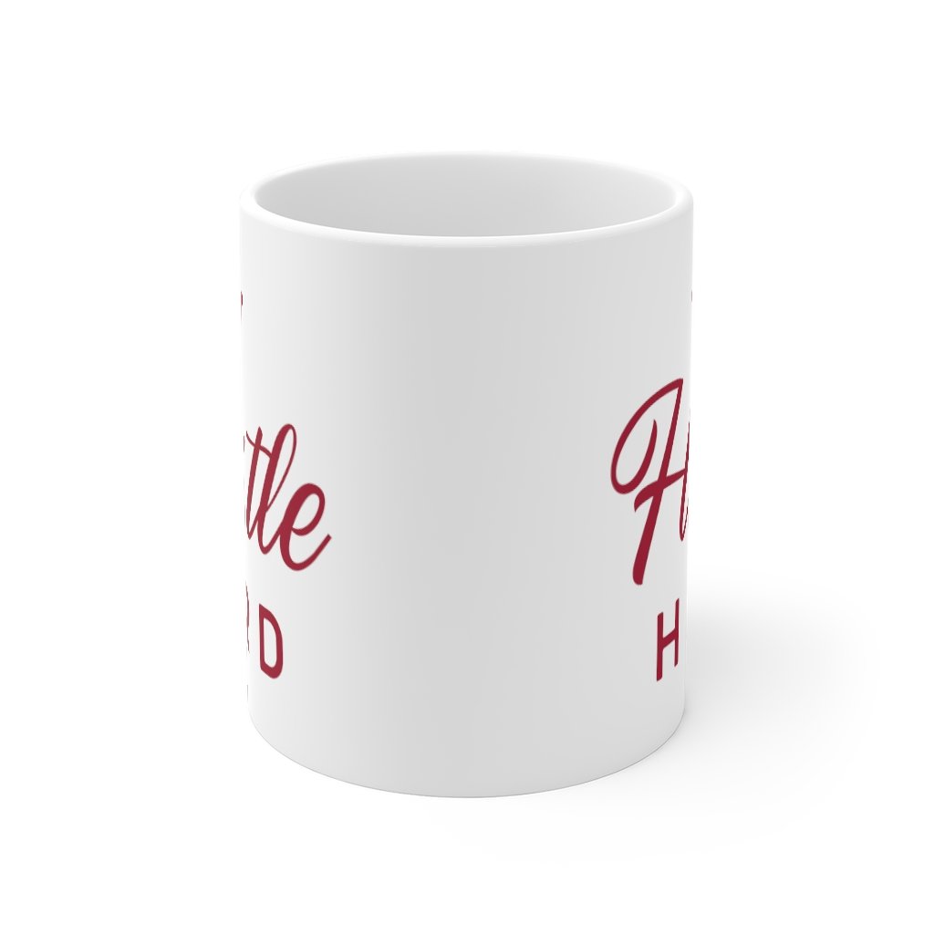 Hustle Hard Mug with Crown design, white ceramic, 11 oz capacity, featuring a stylish crown graphic and comfortable C-handle.