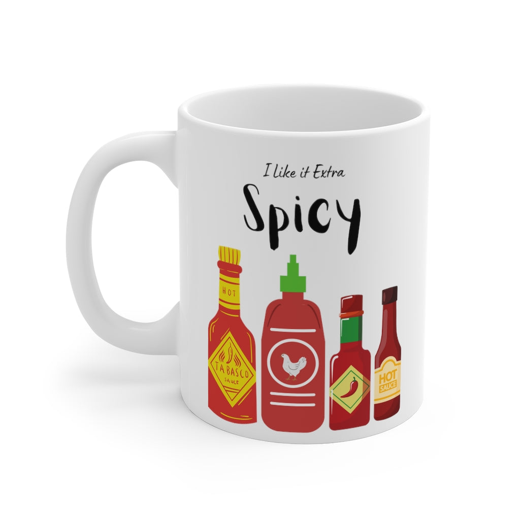 I Like It Extra Spicy Hot Sauce Mug in white ceramic with a fun spicy design, perfect for coffee and tea lovers.