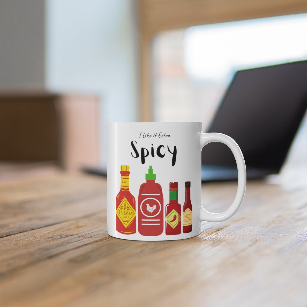 I Like It Extra Spicy Hot Sauce Mug in white ceramic with a fun spicy design, perfect for coffee and tea lovers.