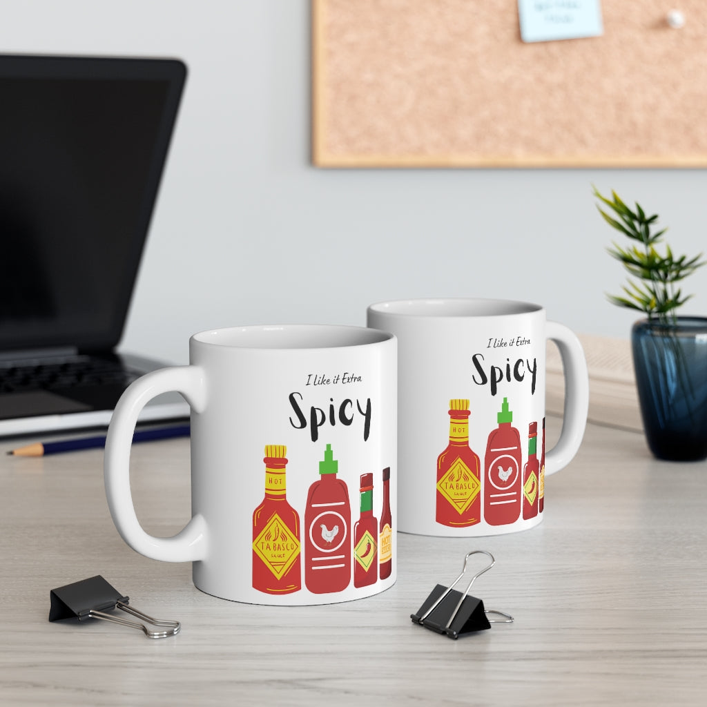 I Like It Extra Spicy Hot Sauce Mug in white ceramic with a fun spicy design, perfect for coffee and tea lovers.